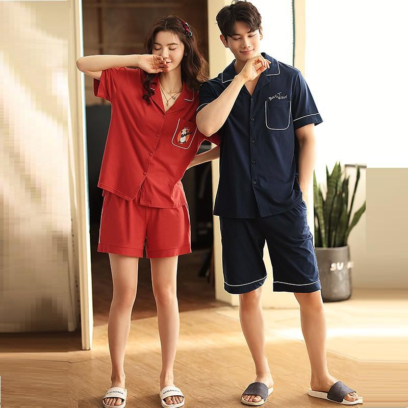 Bộ pyjama nữ dáng ngắn vải thun cotton gâu trúc viền trắng
