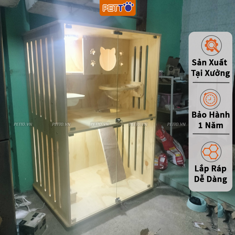 Chuồng cho mèo PETTO 2 tầng bằng Gỗ Chuồng mèo thiết kế hiện đại gỗ CAO CẤP nhiều không gian vui chơi CC060