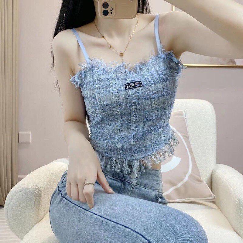 M77. Áo 2 dây dạ tweed kẻ siêu đẹp, áo kiểu nữ croptop sang chảnh 2022 (có sẵn - miễn ship)