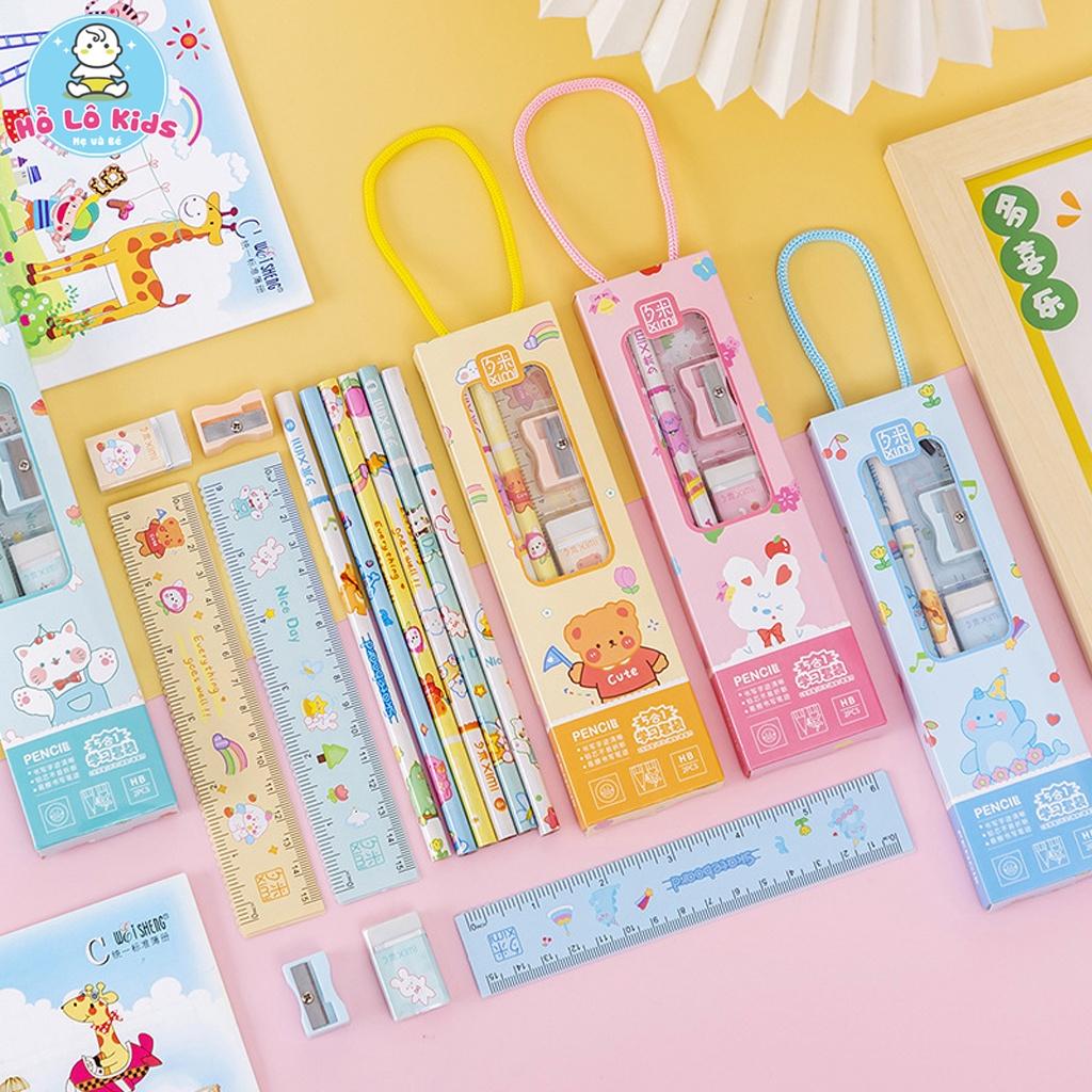 Set 4 chi tiết thước kẻ, bút chì, gọt bút, tẩy có hộp quai đeo cho bé đi học Hồ Lô Kids