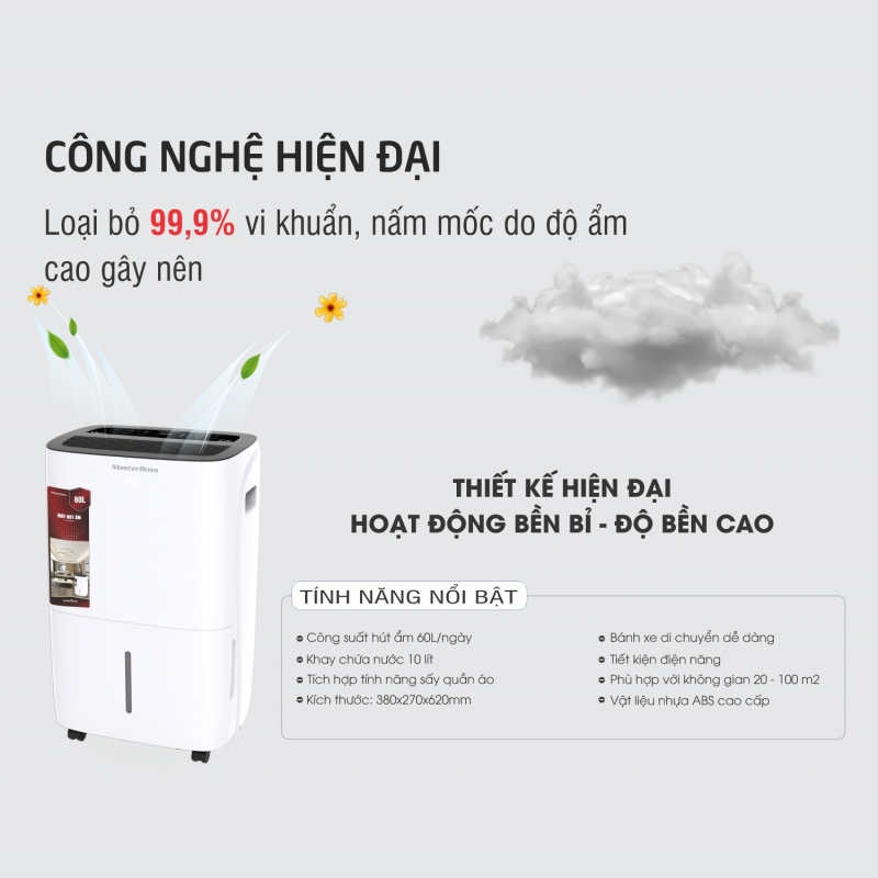 Máy Hút Ẩm, Lọc Không Khí Masterboos 60L - Thế Hệ Thông Minh, Xử Lý Bụi Tự Động, Bảo Hành 24 tháng - Hàng chính hãng