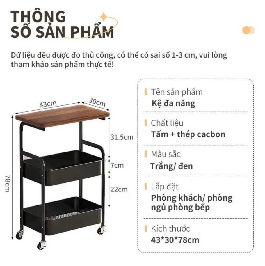 Kệ Đẩy 3 Tầng Mặt Gỗ Đa Năng, Kệ Đựng Đồ Spa, Showrom, Nhà Bếp Đồ Khô Có Bánh Xe