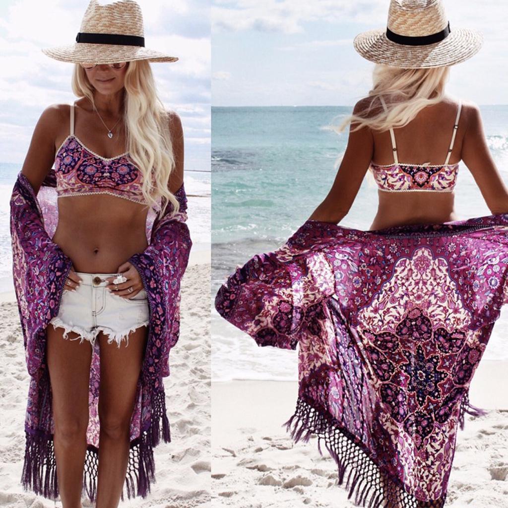 Purple Flower Fashion Flower Printing Chiffon Cardigan Coat Beach Cover UP