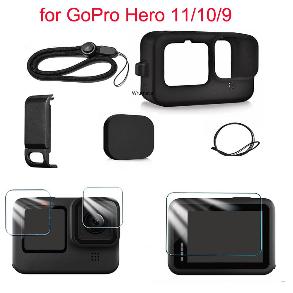 Ốp Lưng Dẻo Silicone Cho GoPro Hero 11 10 9 Kính Cường Lực Màu Đen Tấm Bảo Vệ Màng Bảo Vệ Ống Kính Cho Go Pro 10 9 Ốp Lưng