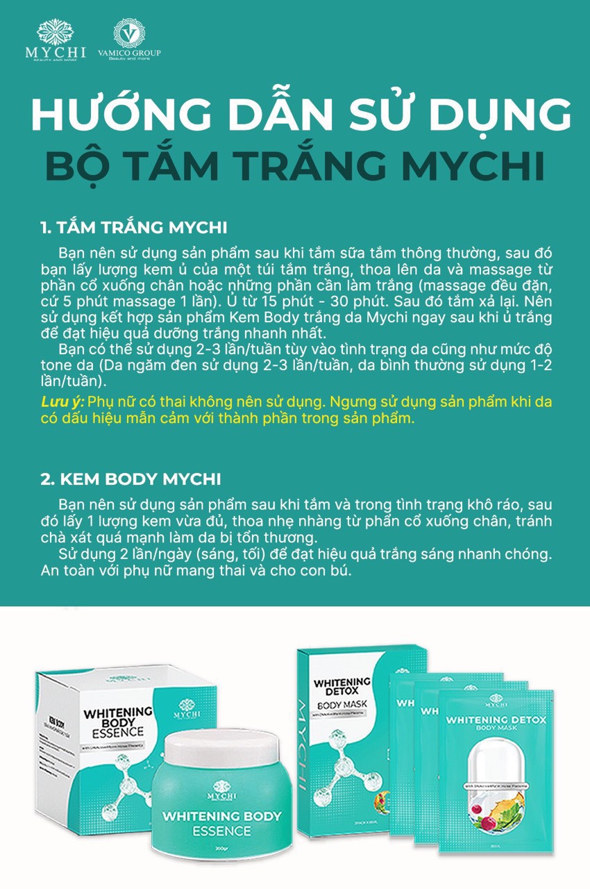 Combo tắm trắng Mychi (Kem body khóa trắng whitening body Essence + tắm trắng Mychi whitening Detox Mask)