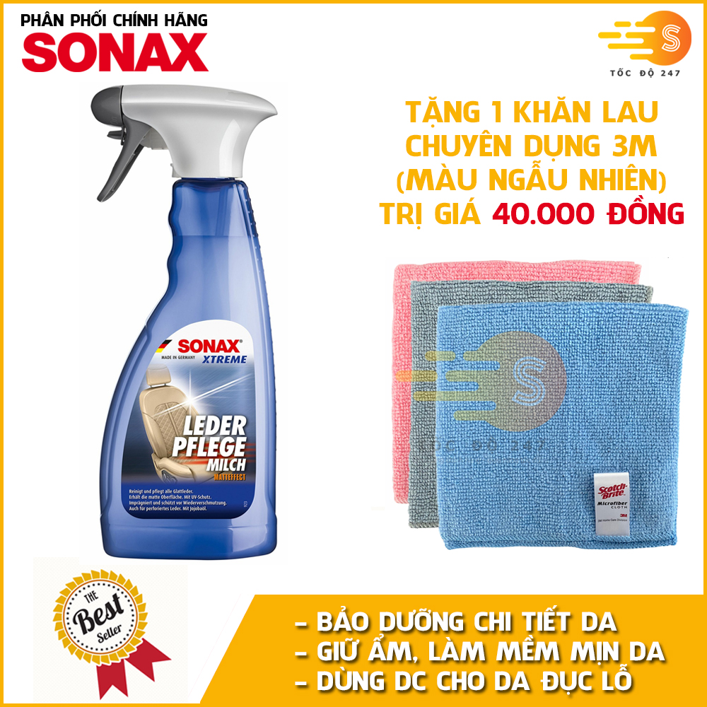 Chai xịt dưỡng da ô tô cao cấp Leather Care Milk Xtreme Sonax 254241 500ml tặng kèm 1 khăn 3M KL3030 - làm sạch chuyên sâu, bảo dưỡng da, dạng sữa phục hồi bề mặt da