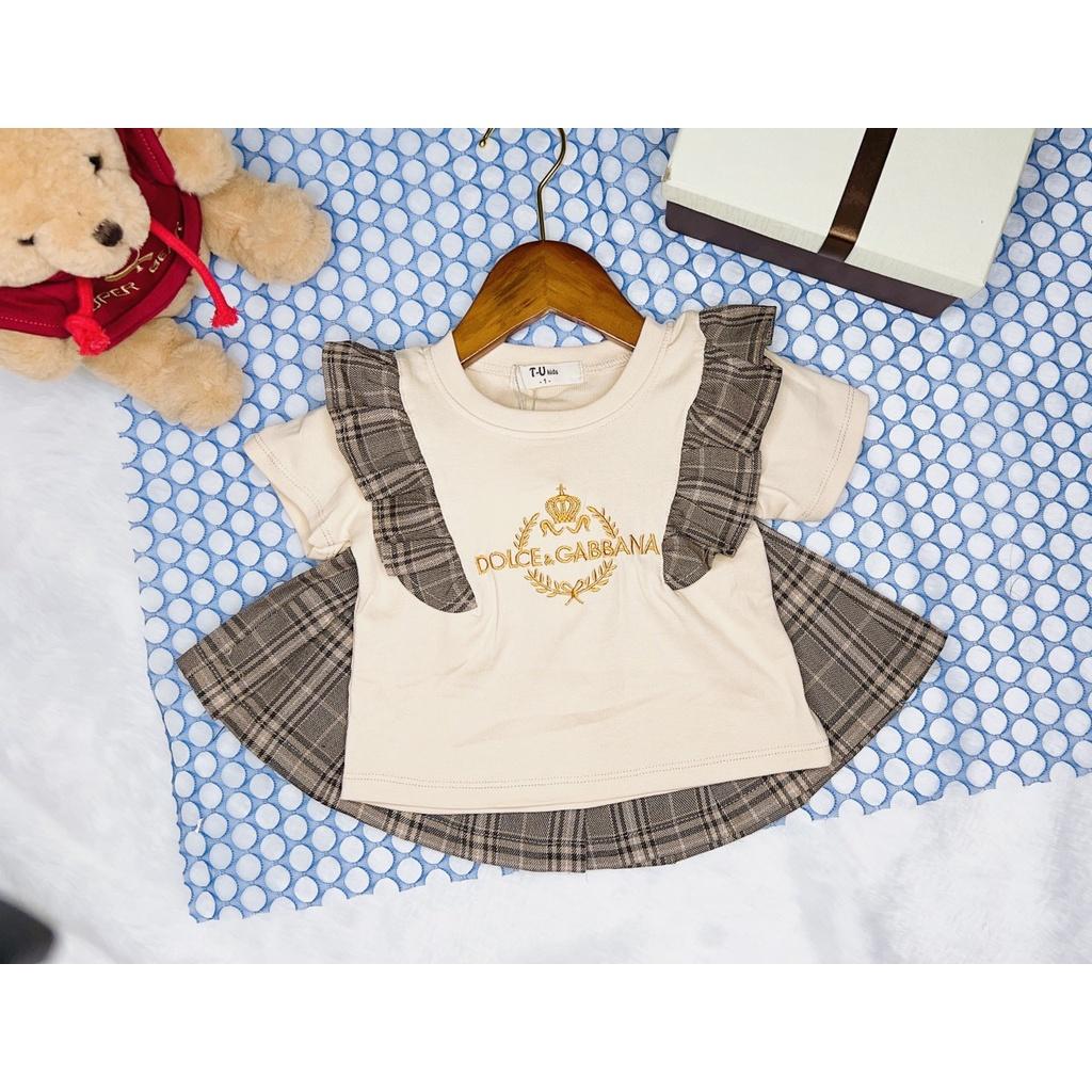Bộ áo cotton, chân vá xòe bé gái