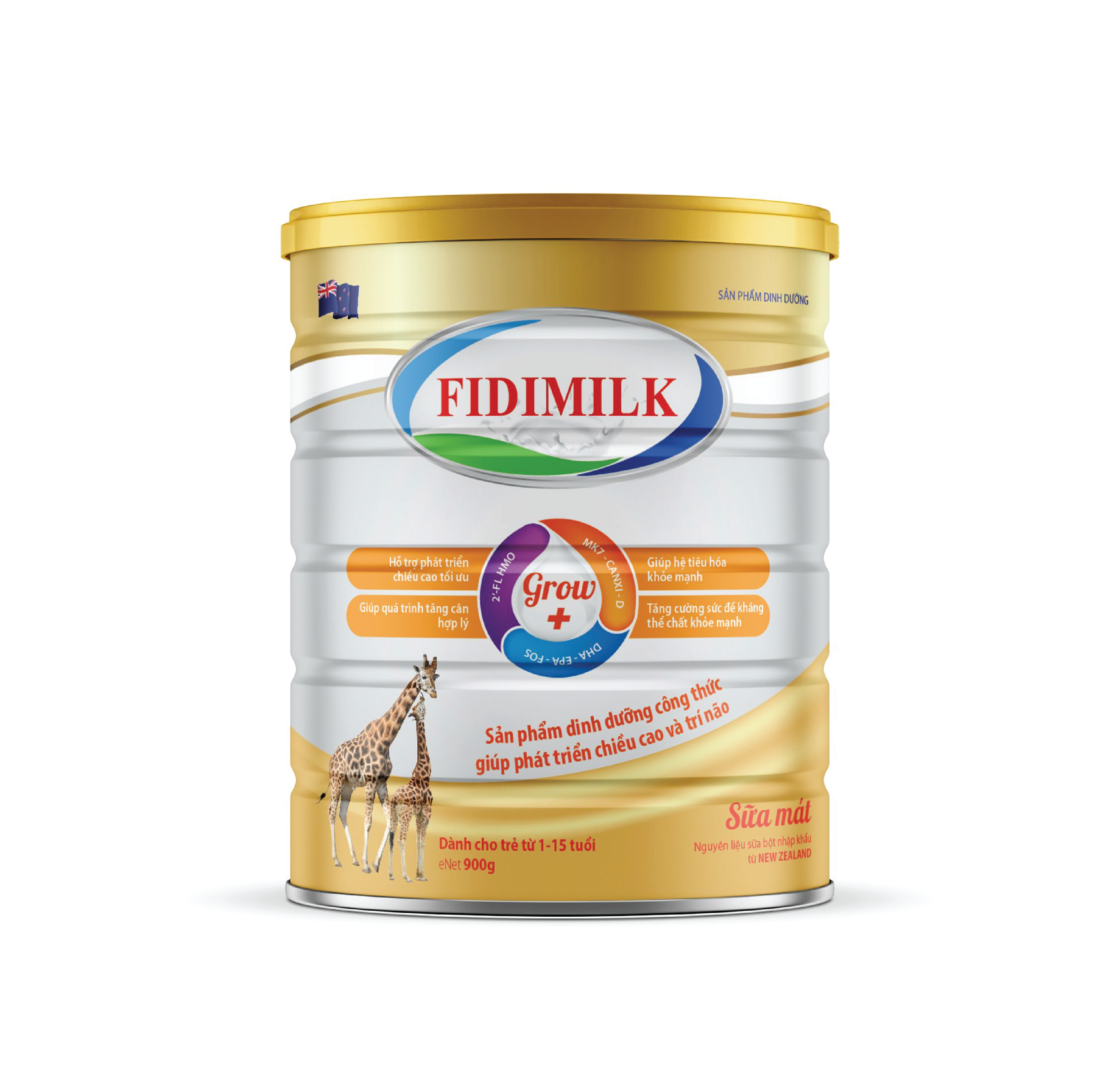 Sữa công thức FIDIMILK GROW lon 900g - Hỗ trợ chiều cao tối ưu, dành cho bé 1 - 15 tuổi.