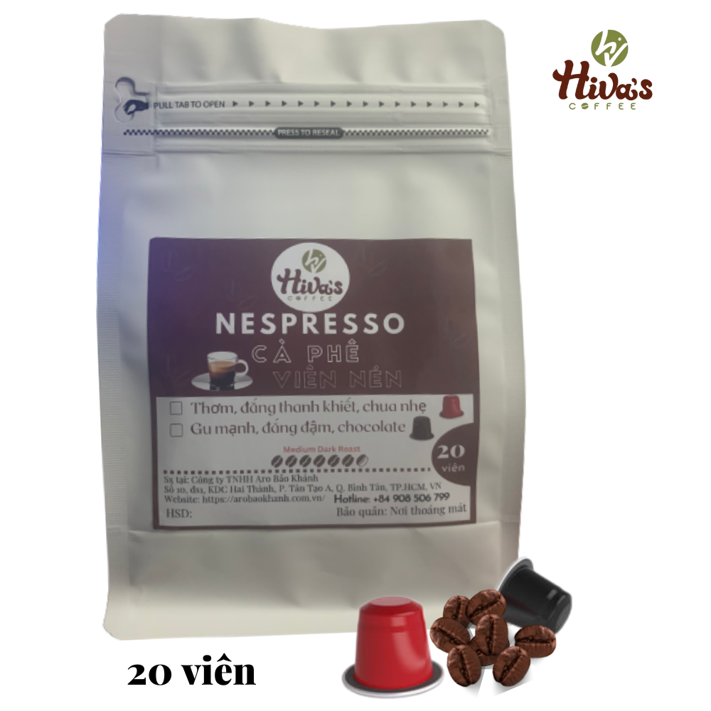 Cà phê viên nén Nespresso chính hãng HIVA'S COFFEE, túi zip 20 viên nhựa GU NHẸ - Nguyên chất, Thơm nồng nàn, Chua thanh, đắng nhẹ, hậu ngọt tự nhiên - Dòng TIẾT KIỆM. Giá TỐT tại xưởng