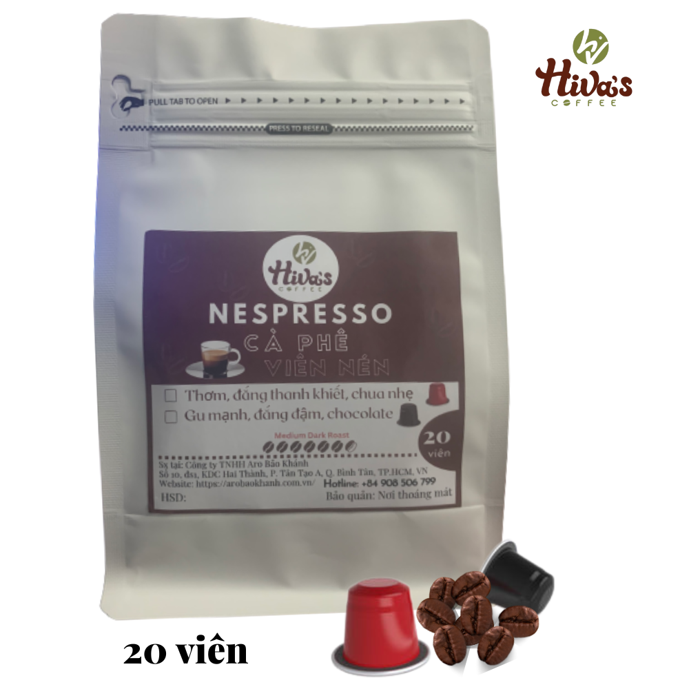 [Tiết kiệm] Cà phê viên nén Nespresso chính hãng HIVA'S COFFEE, túi zip 20 viên nhựa GU NHẸ - Nguyên chất, Thơm nồng nàn, Chua thanh, đắng nhẹ, hậu ngọt tự nhiên - Dòng TIẾT KIỆM. Giá TỐT tại xưởng