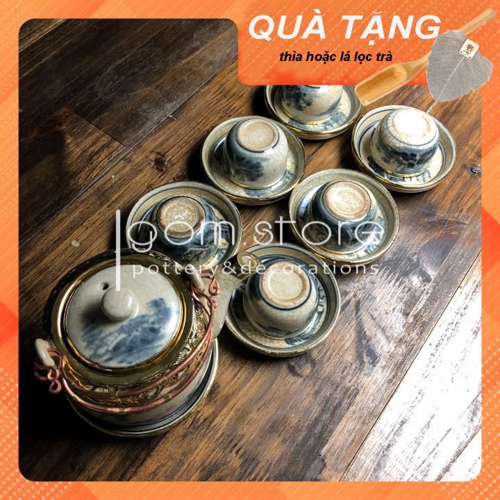Ấm chén Bát Tràng men rạn giả cổ dáng vại bọc đồng, tặng kèm muỗng gỗ pha trà