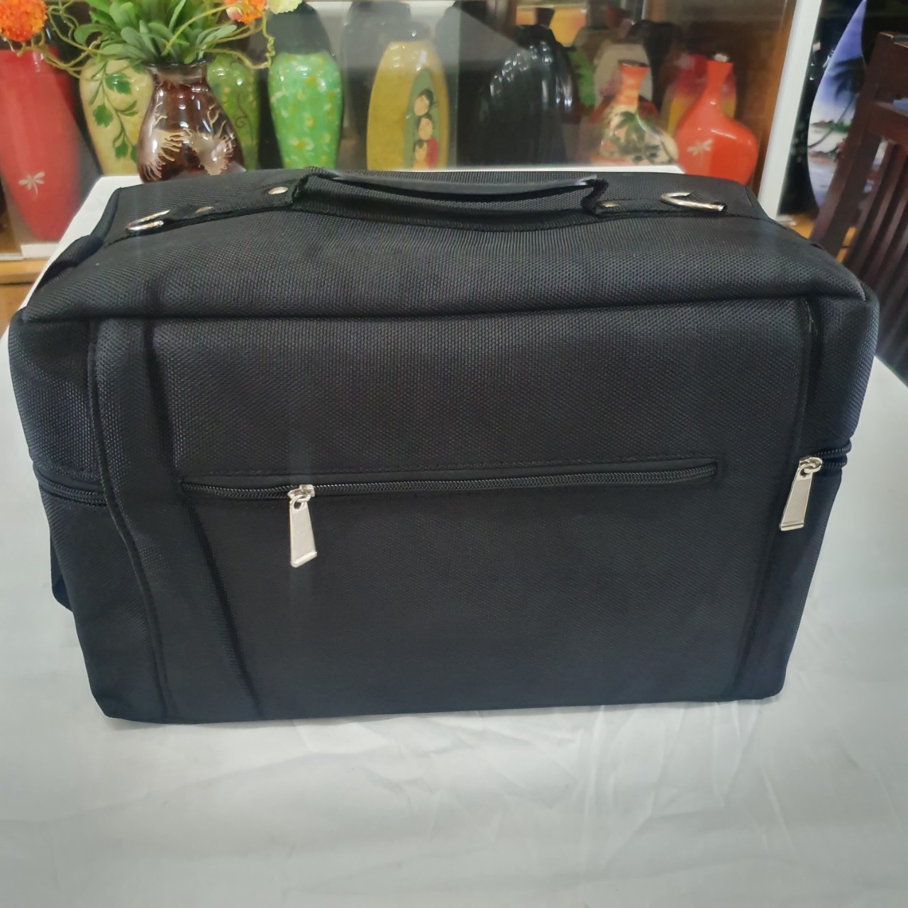 Hàng cao cấp - Cốp túi vải dày dặn bọc inox viền măm , có dây đeo đựng mỹ phẩm, nail, mi chuyên nghiệp tiện lợi size 40x20x22 cm