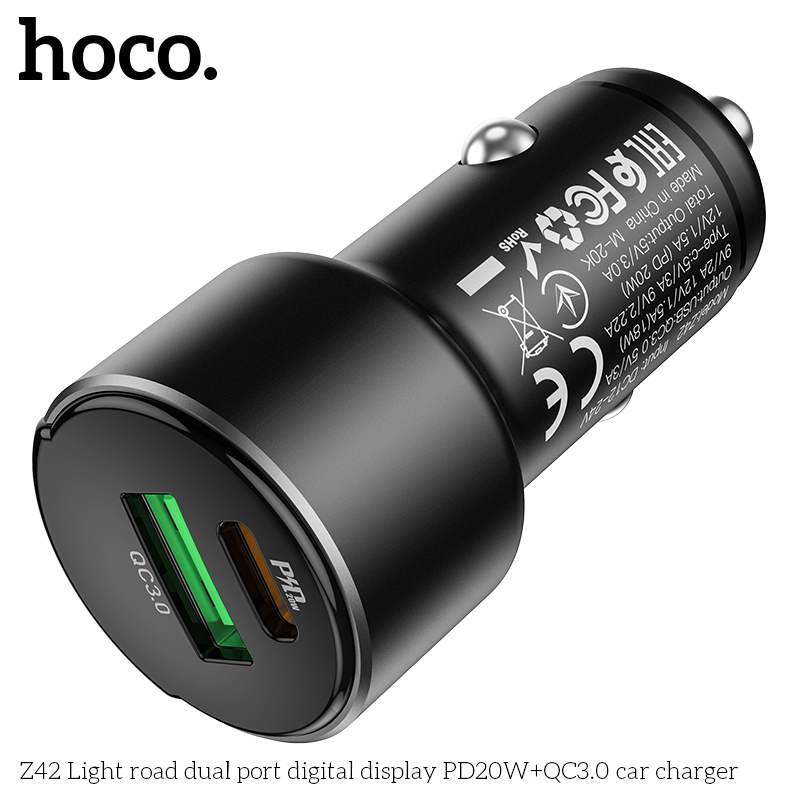 Tẩu sạc nhanh xe hơi ô tô hoco Z42, 2 cổng U+C hỗ trợ sạc nhanh PD20W QC3.0 - Hàng chính hãng