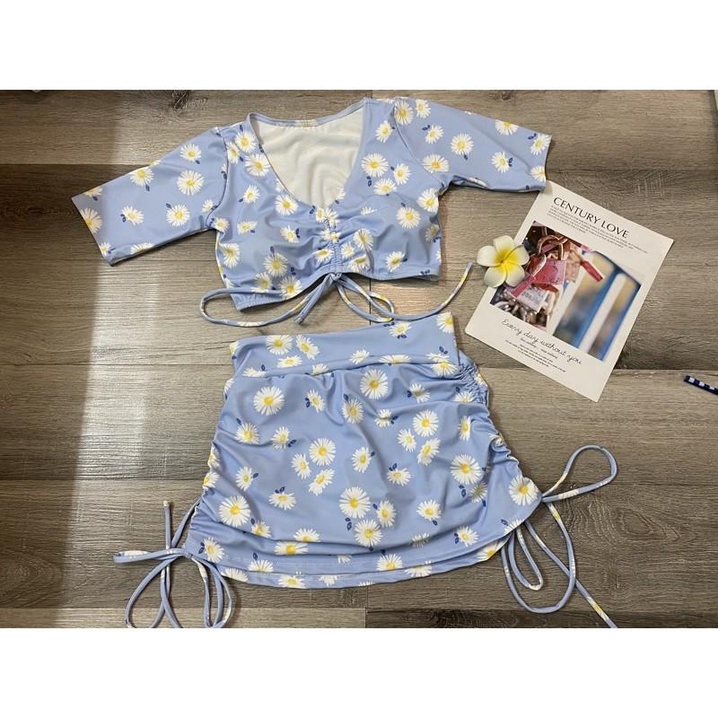 Đồ bơi nữ kín đáo váy rút dây sành điệu- Bikini đi biển 2 mảnh áo tay ngắn trẻ trung- shopnabi