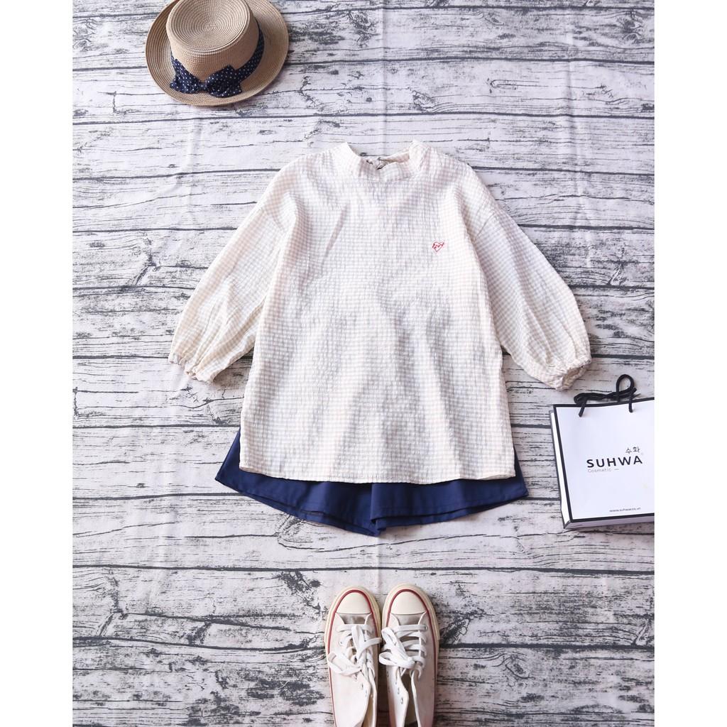 ÁO CARO NHỎ TAY BỒNG THÊU TIM