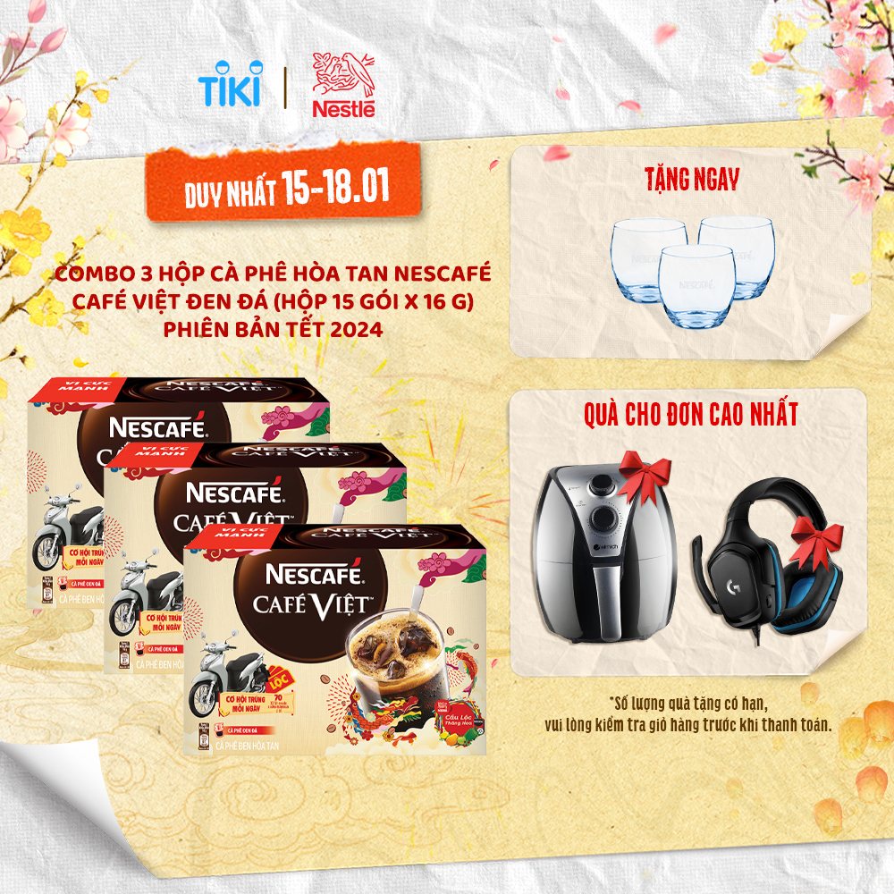 [Tặng Set 3 Ly Thủy Tinh Collin] Combo 3 Hộp Cà phê hòa tan Nescafé Café Việt Đen Đá (Hộp 15 gói x 16 g) - Phiên bản Tết 2024