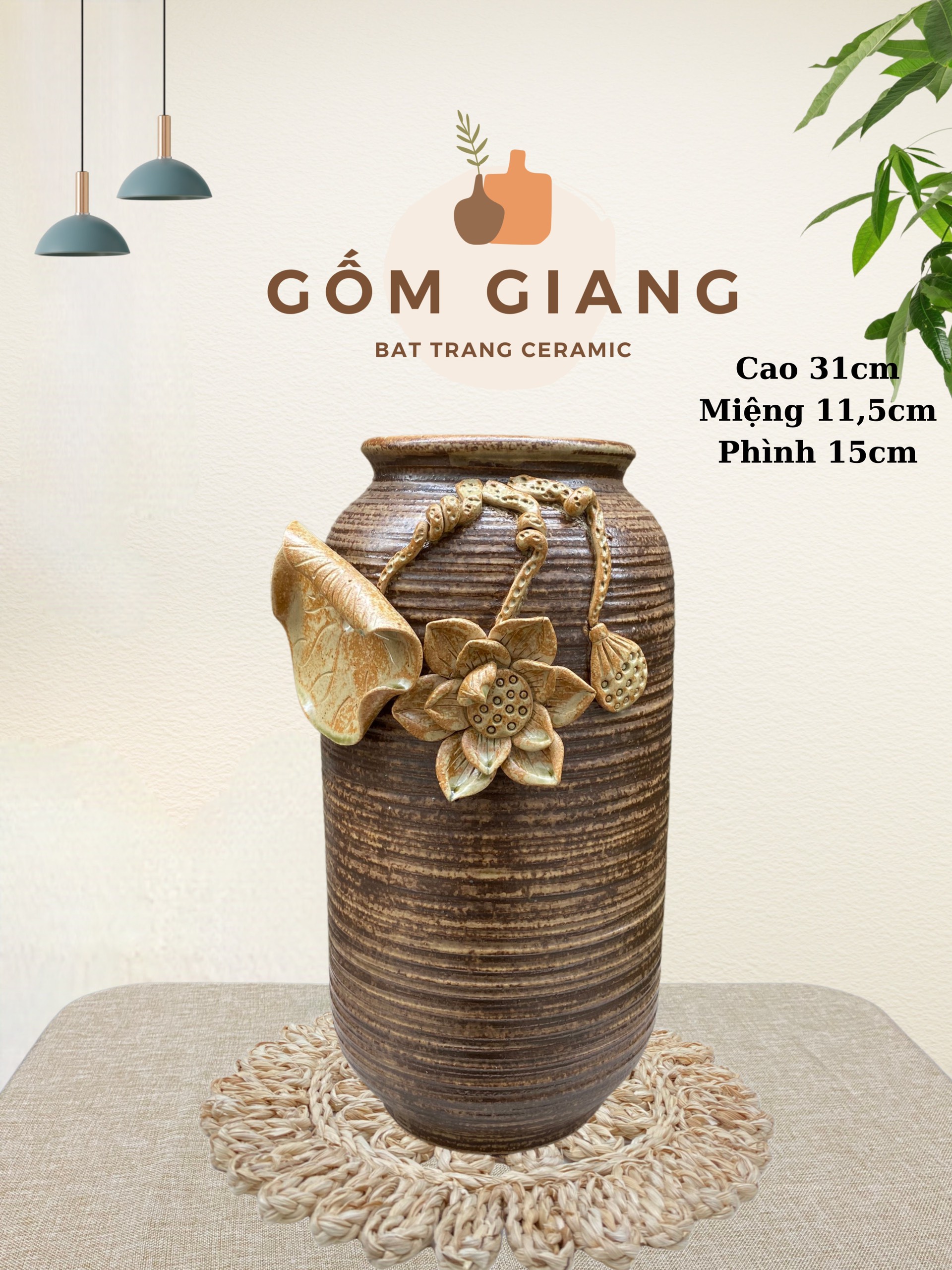 Bình hoa men mộc đắp nổi thủ công gốm sứ Bát Tràng