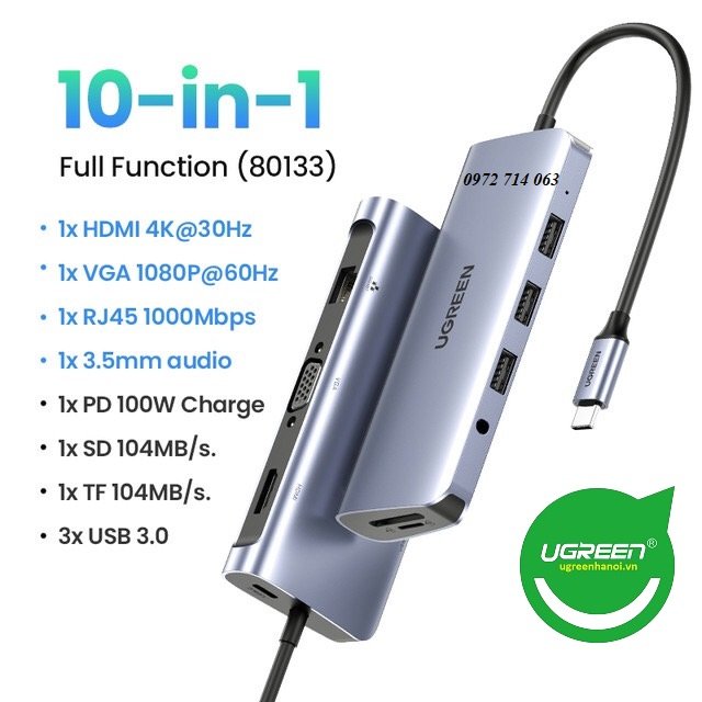 Bộ chuyển đổi USB C to HDMI + VGA + LAN 1Gbps + Hub USB3.0 + SD/TF + Audio Ugreen hàng chính hãng