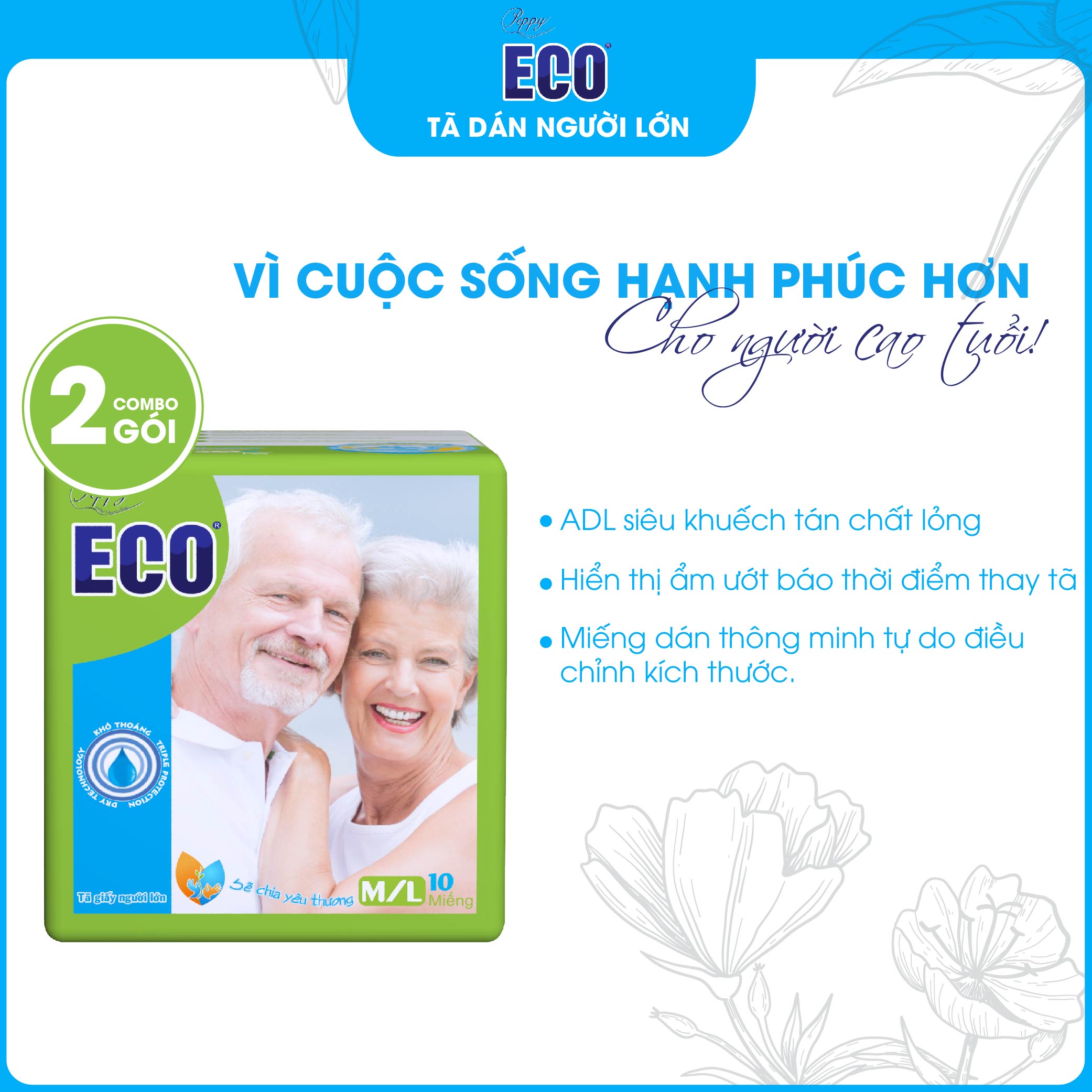 Combo 2 gói Tã Dán Người Lớn Peppy Eco Siêu Mềm Mại, Siêu Khô Thoáng, Kháng khuẩn Size M/L