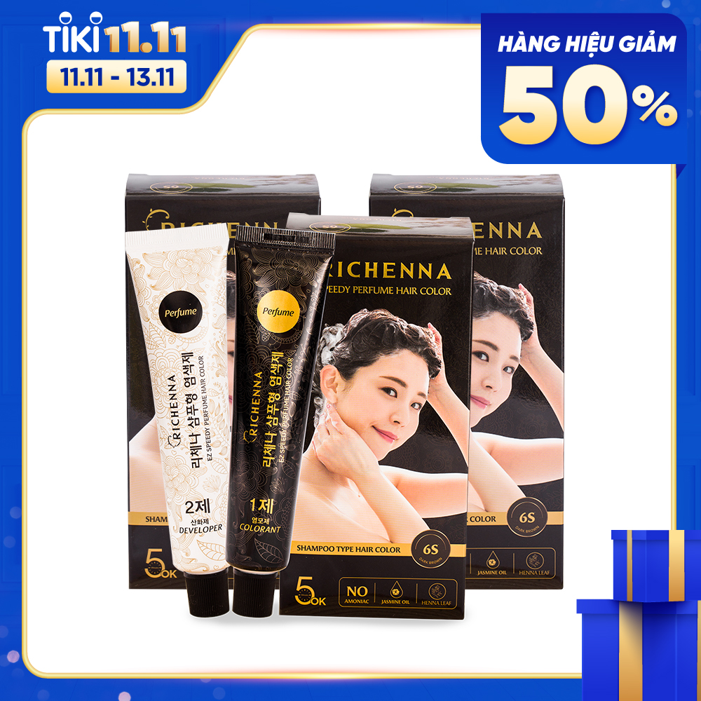 COMBO 3 hộp Gội nhuộm phủ bạc thảo dược Richenna EZ Speedy Perfume Hair Color hương nước hoa màu nâu đen 60G