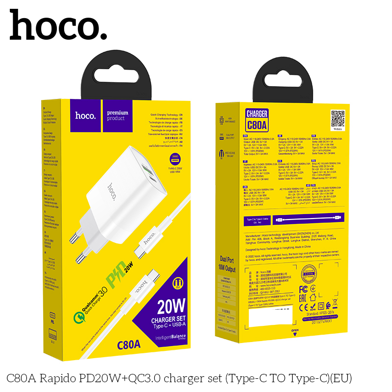 Bộ Sạc Nhanh Dành Cho Hoco C80A Type C To Type-C Pd20W Qc3.0 2 Cổng Sạc Usb Và Type-C Hàng Chính Hãng