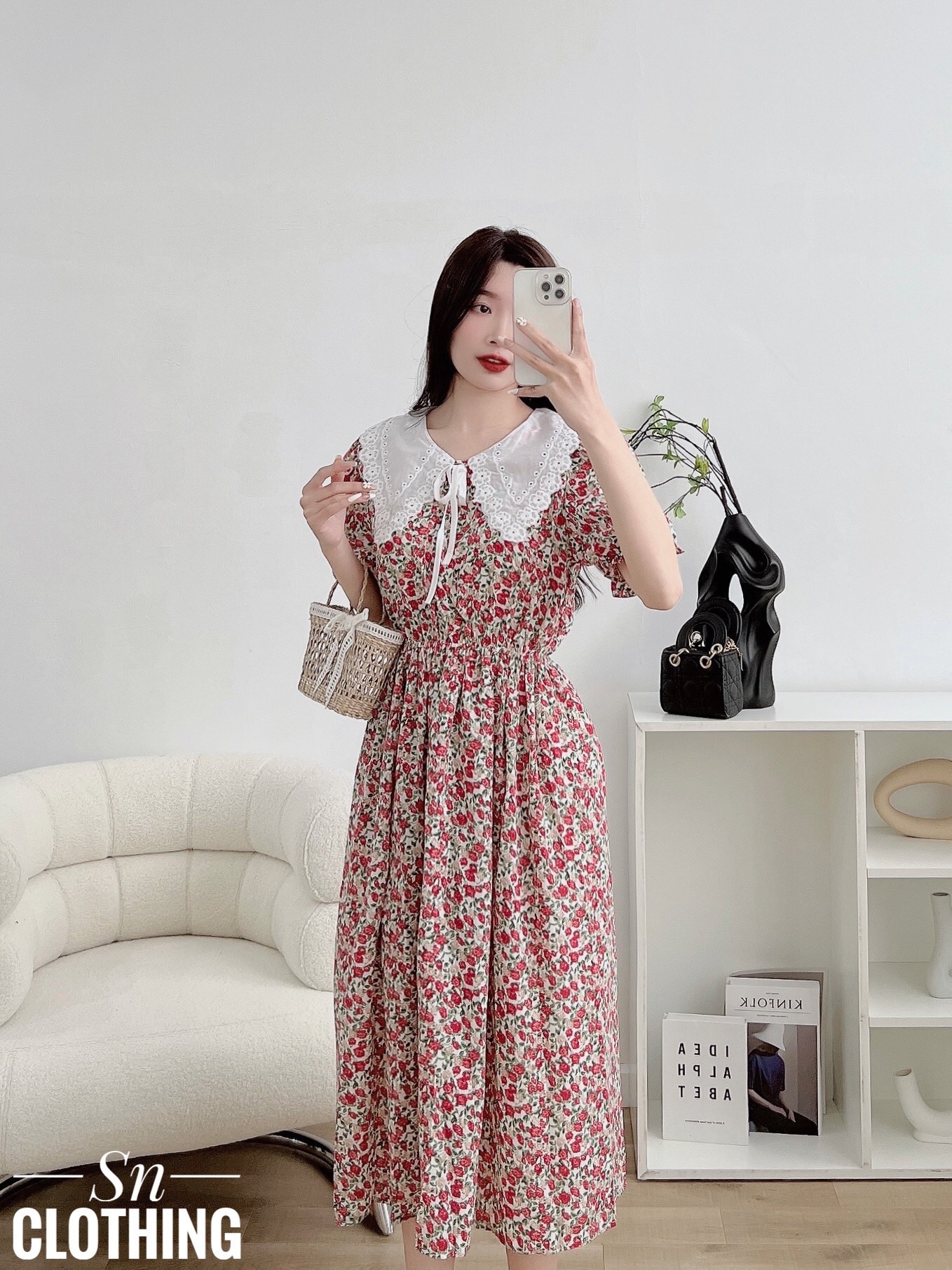 Váy hoa nhí cổ bèo cột nơ tiểu thư