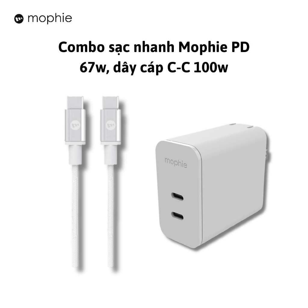 Combo sạc nhanh Mophie PD 67w/120w (GaN), dây cáp USB-C to USB-C 100w (1m/2m/3m) - Hàng chính hãng