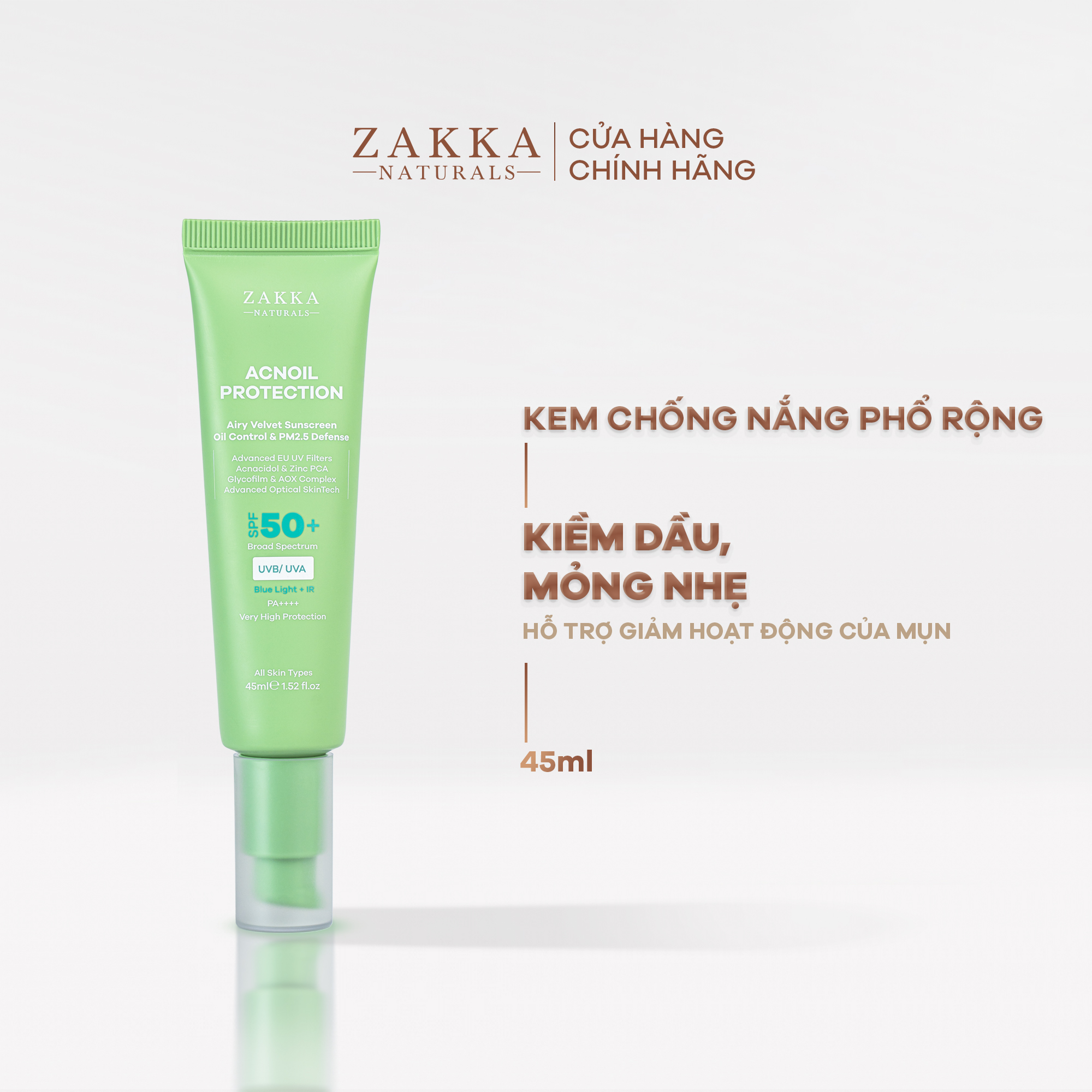 Kem chống nắng phổ rộng Acnoil Protection Zakka Naturals kiềm dầu mỏng nhẹ 45ml