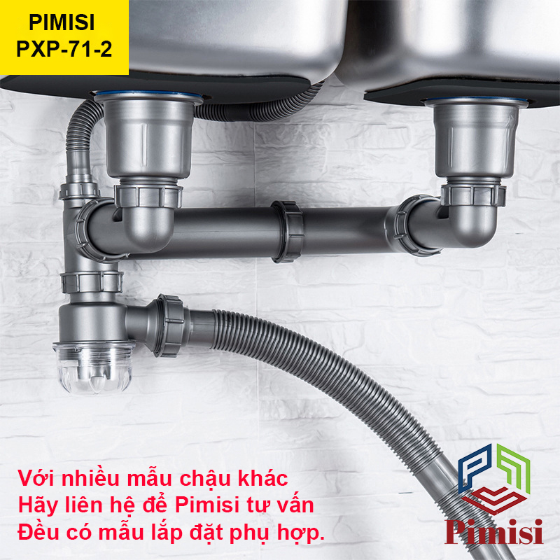 Bộ xi phông chậu rửa bát 2 hố phi 110 inox 304 Pimisi dùng để xả nước chậu rửa chén 2 hộc - có đầu thoát tràn | Hàng chính hãng