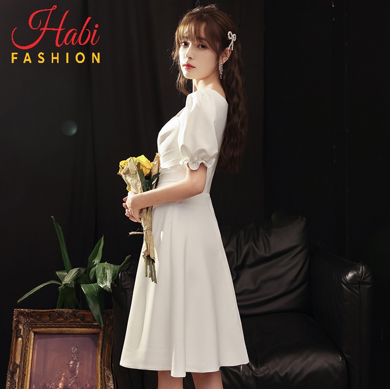Váy trắng xòe xếp ly eo tay hoa ngực xinh, Đầm thiết kế công chúa đi chơi, dự tiệc... HOTTREND (Tay Hoa) Habie Fashion