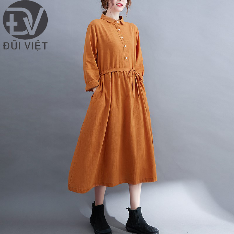 Đầm công sở dáng suông cổ áo sơ mi basic kèm đai eo, tay dài thanh lịch cá tính Đũi Việt DV185