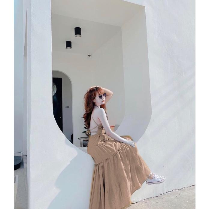 Váy maxi nâu đan dây lưng