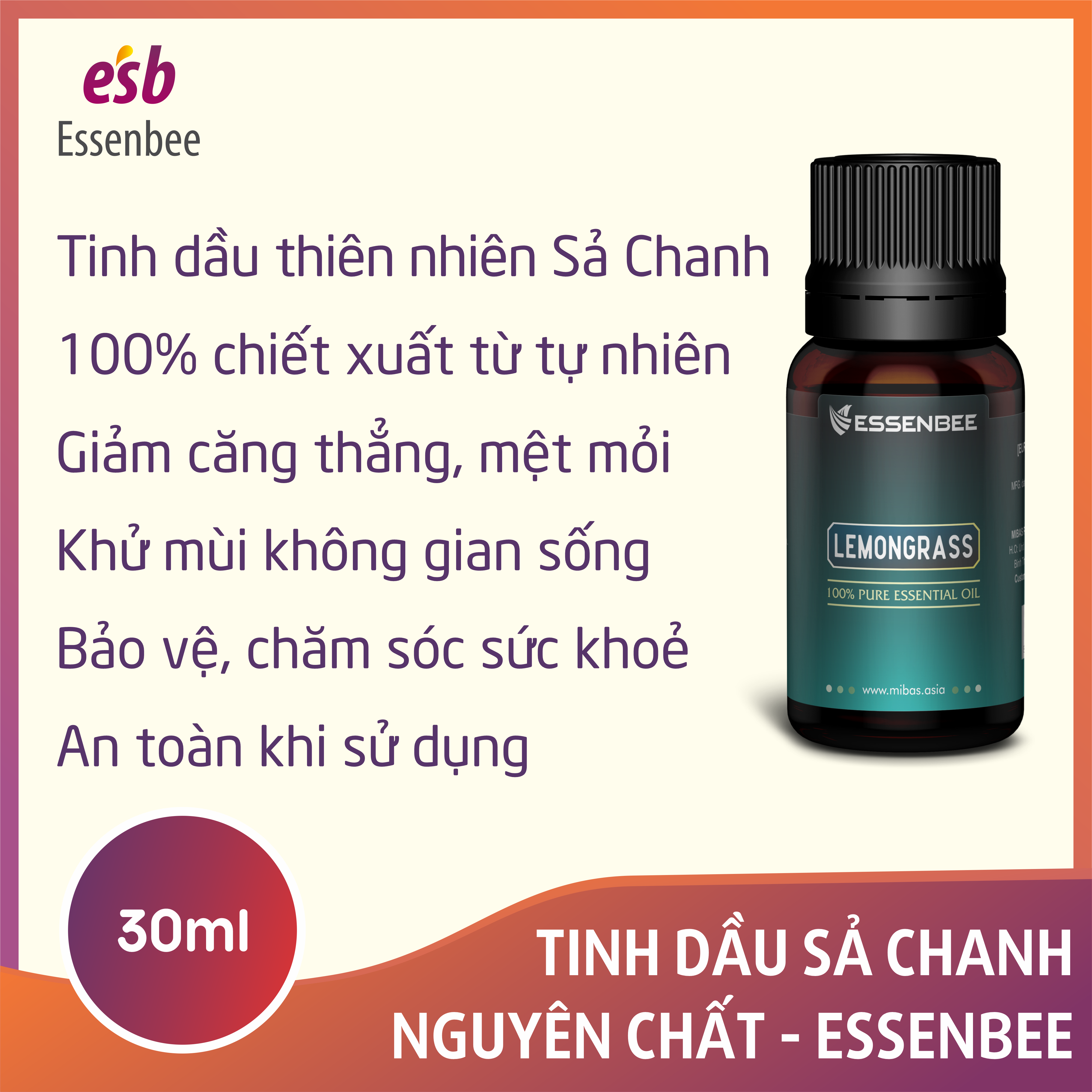 Tinh dầu thiên nhiên Sả Chanh - Essenbee - 30ml - Giúp thư giãn tinh thần, giảm stress, xua đuổi côn trùng và muỗi, an toàn cho trẻ em