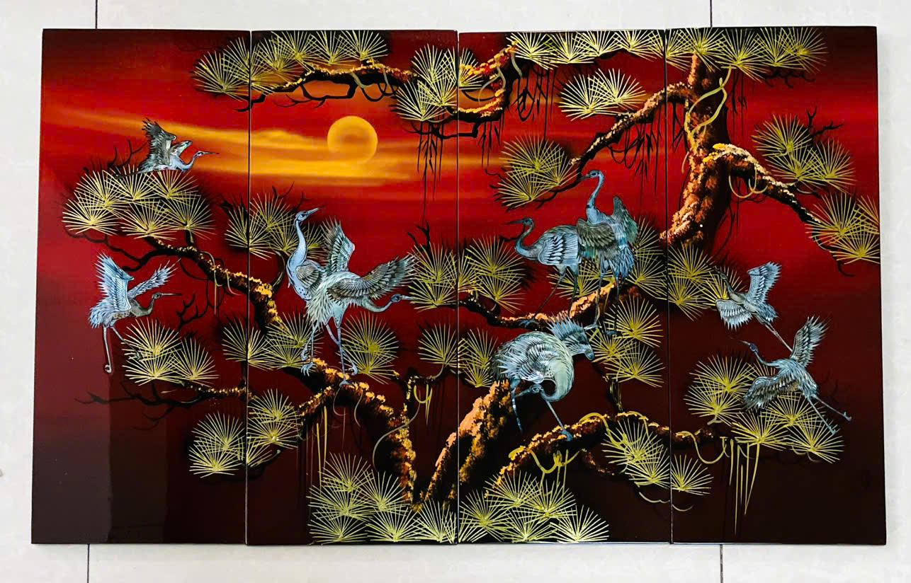 Bộ Tranh sơn mài 4 tấm -TÙNG HẠC DIÊN NIÊN - khảm cừ size 50x80 cm - Ý Nghĩa Phong Thủy
