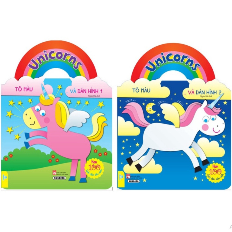 Combo 2 cuốn Tô màu và dán hình: Unicorns