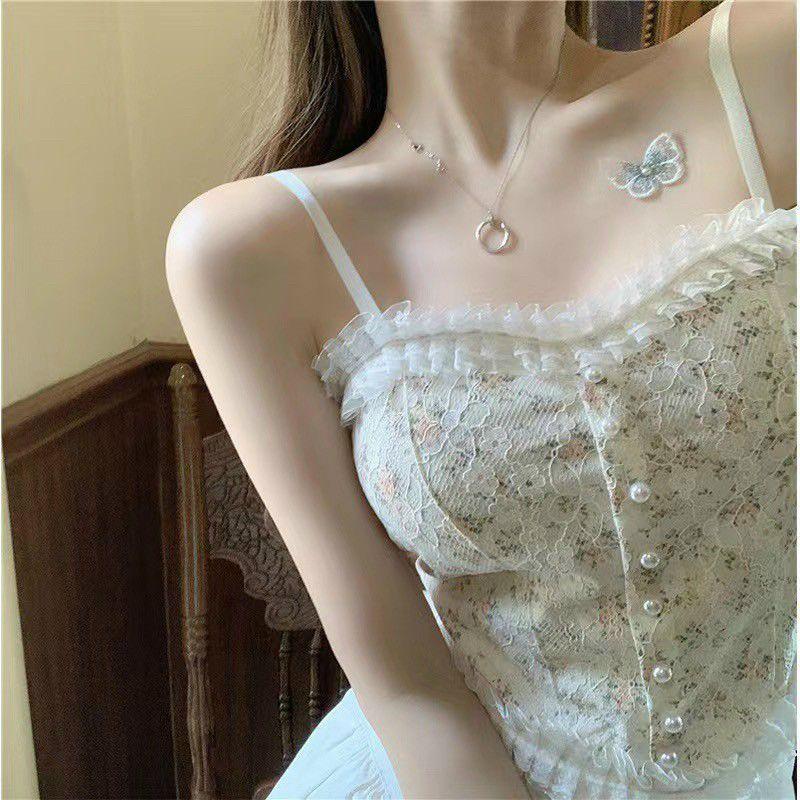 Áo hai dây phối ren, Áo yếm nhỏ sát nách phối ren hoạ tiết quyến rũ cho nữ