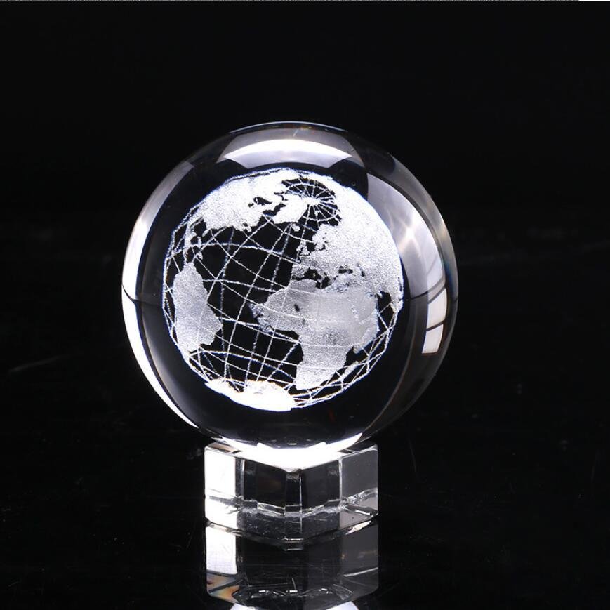 Qủa pha lê thế giới 6cm kèm đế đèn gỗ ánh sáng trắng