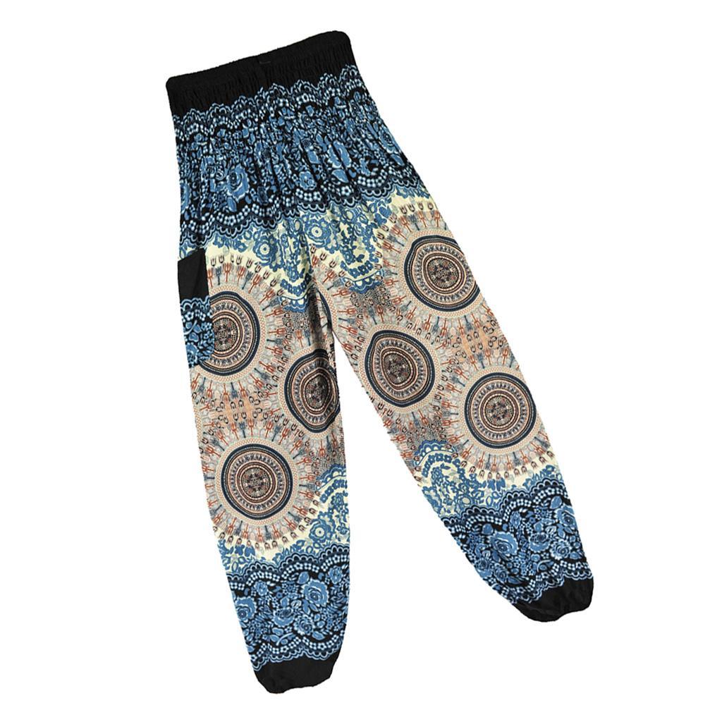 Women Smocked Waist Floral Rayon Yoga Boho Harem Pants, Breathable and White