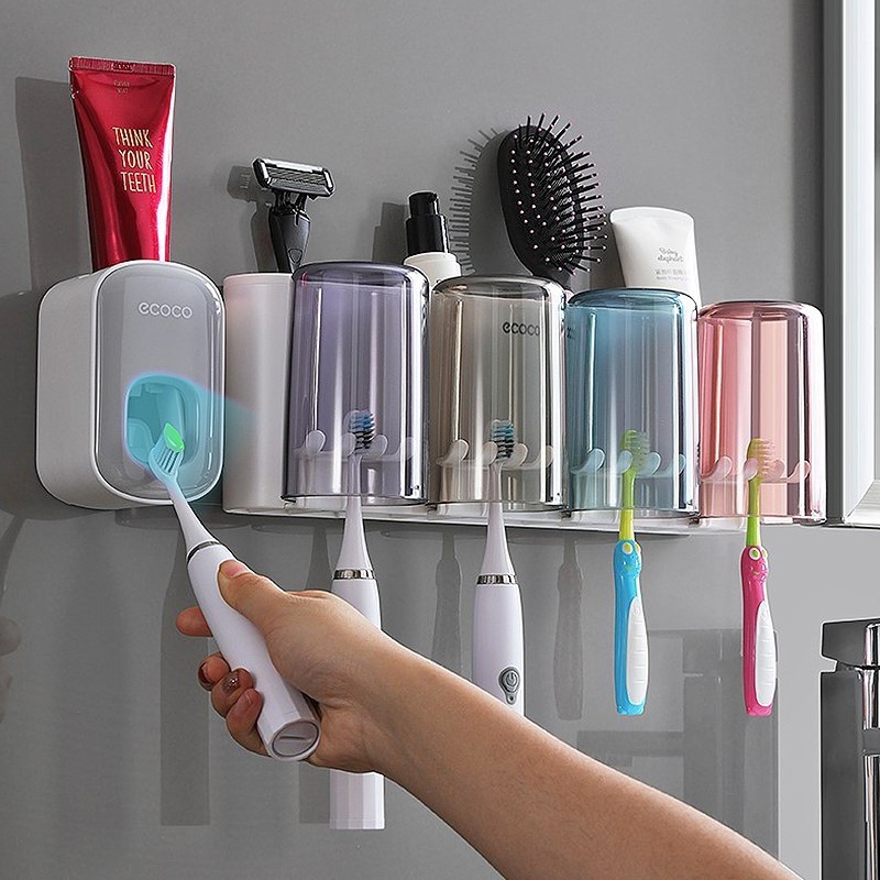 Kệ để cốc bàn chải đánh răng kèm hộp nhả kem đánh răng tự động ANVD Ecoco cao cấp không cần khoan tường