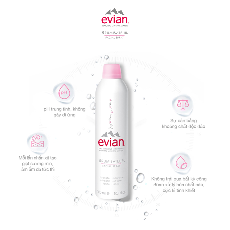 Combo 2 Xịt khoáng Evian Cấp Ẩm Và Làm Dịu Da Spray Brumisateur Natural Mineral Water 300ml + 150ml