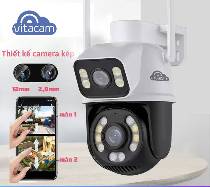 Camera Wifi Vitacam 2 Mắt DZ8000 8MP, Xem 2 Màn Hình Cùng Lúc, Xoay 360 Siêu Nét, đàm thoại 2 chiều - Hàng chính hãng