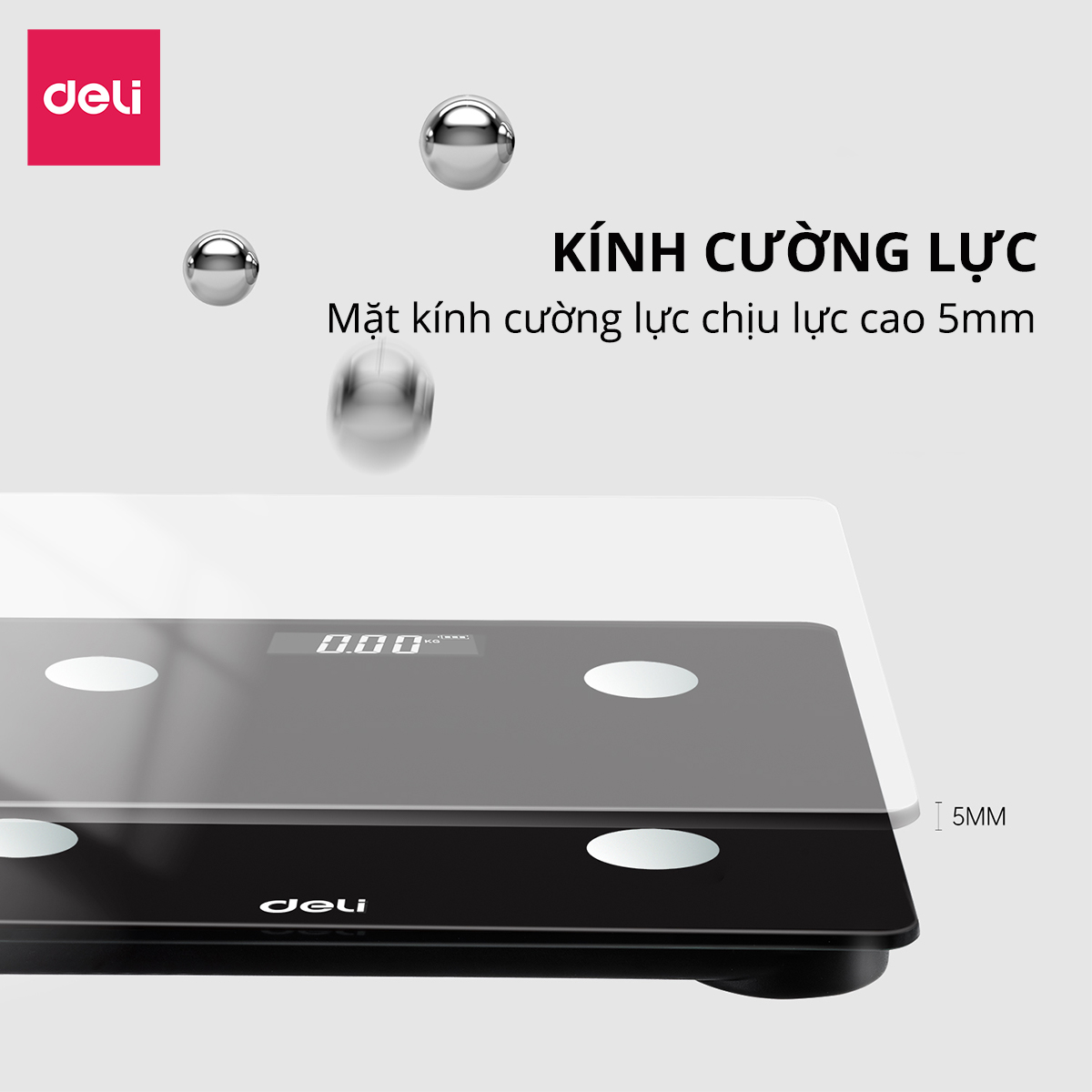 Cân Điện Tử Sức Khoẻ Thông Minh Mặt Vuông Kính Cường Lực Chịu Lực Màu Đen Sang Trọng 180Kg Deli - Phù Hợp Gia Đình Trường Học - Hàng Chính Hãng - E86120