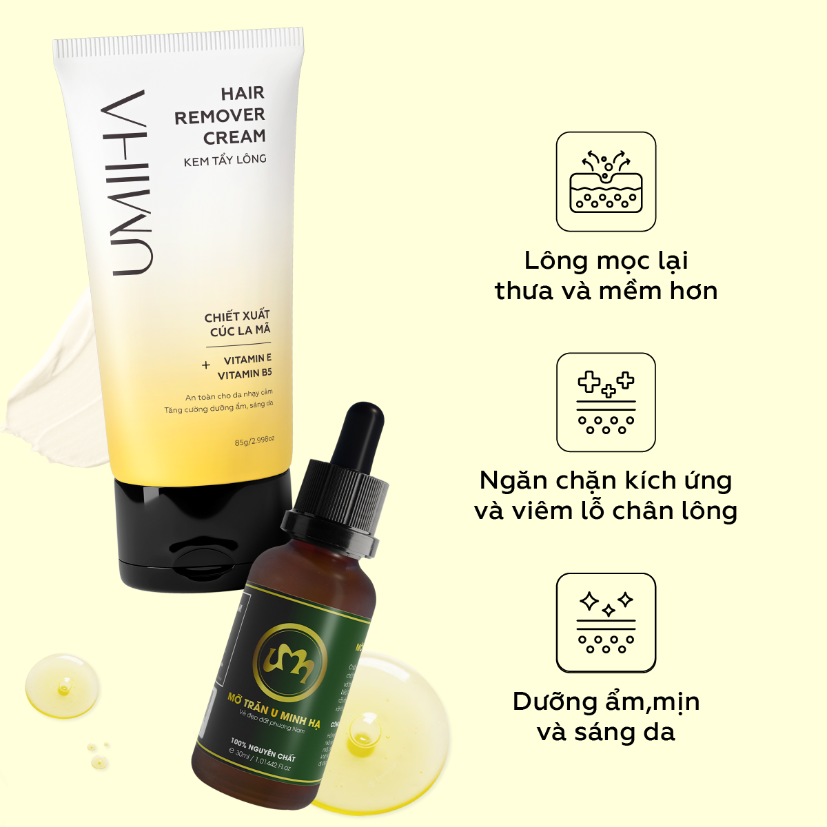 Combo triệt lông Nách vĩnh viễn tại nhà gồm Kem tẩy lông UMIHA 65ml và Mỡ trăn U Minh Hạ 10ml an toàn tiết kiệm tại nhà