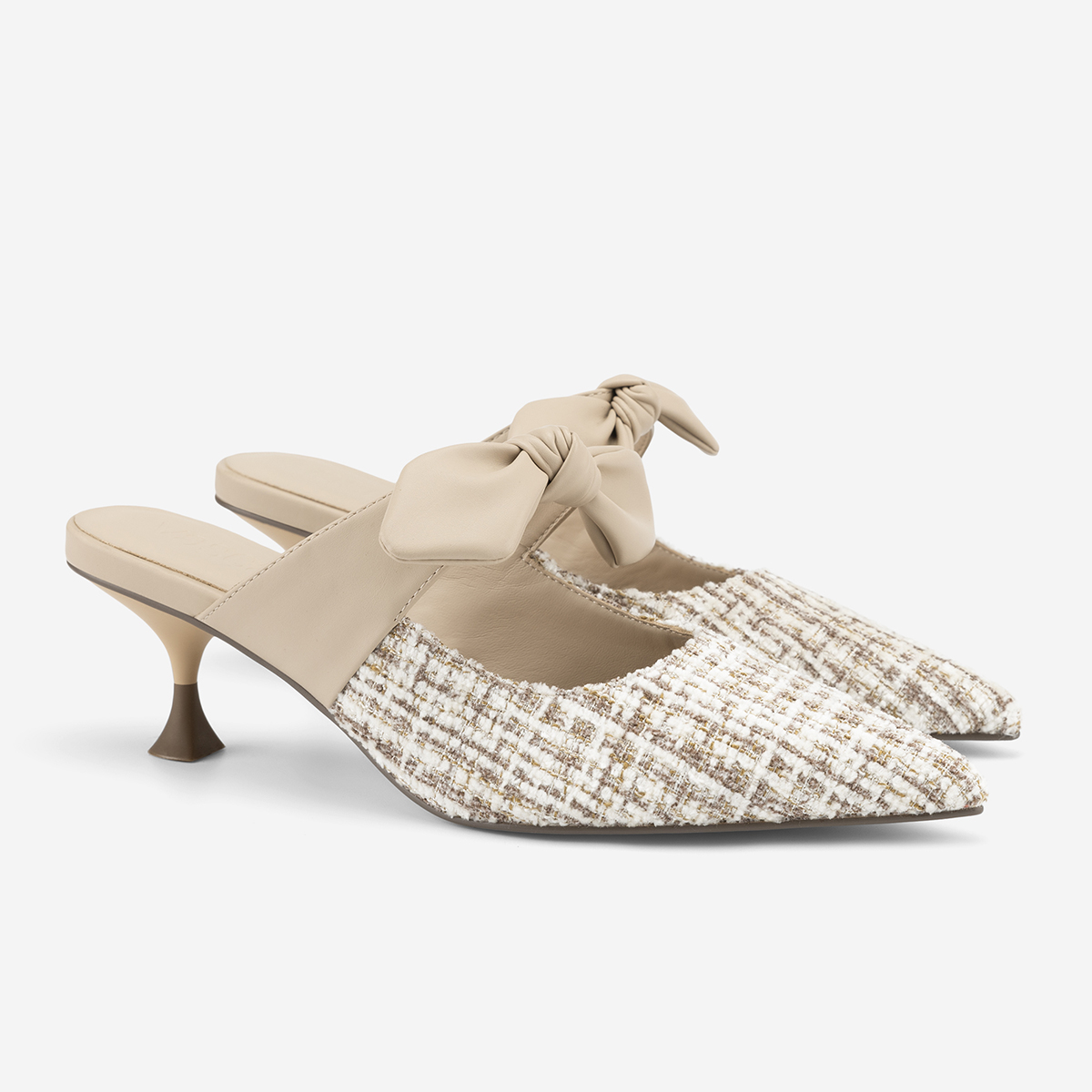 Vascara Guốc Mules Phối Vải Tweed Quai Thắt Nơ - GNN 0219