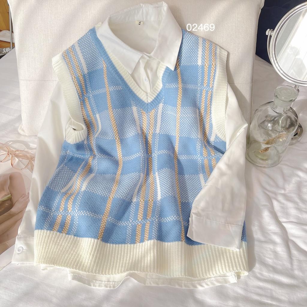 Áo Gile len cổ V kẻ sọc nhiều màu form rộng ulzzang - Made by Fiin