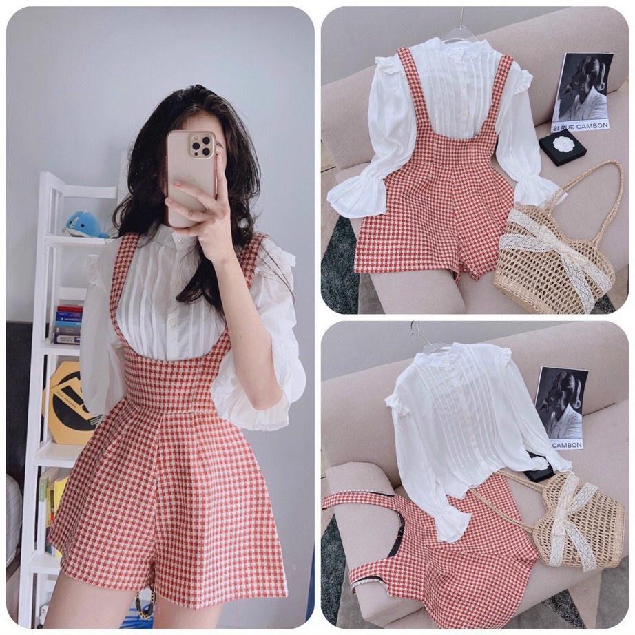 Jumpsuit dạ caro kèm Áo sơmi xếp ly tay bèo siêu xinh