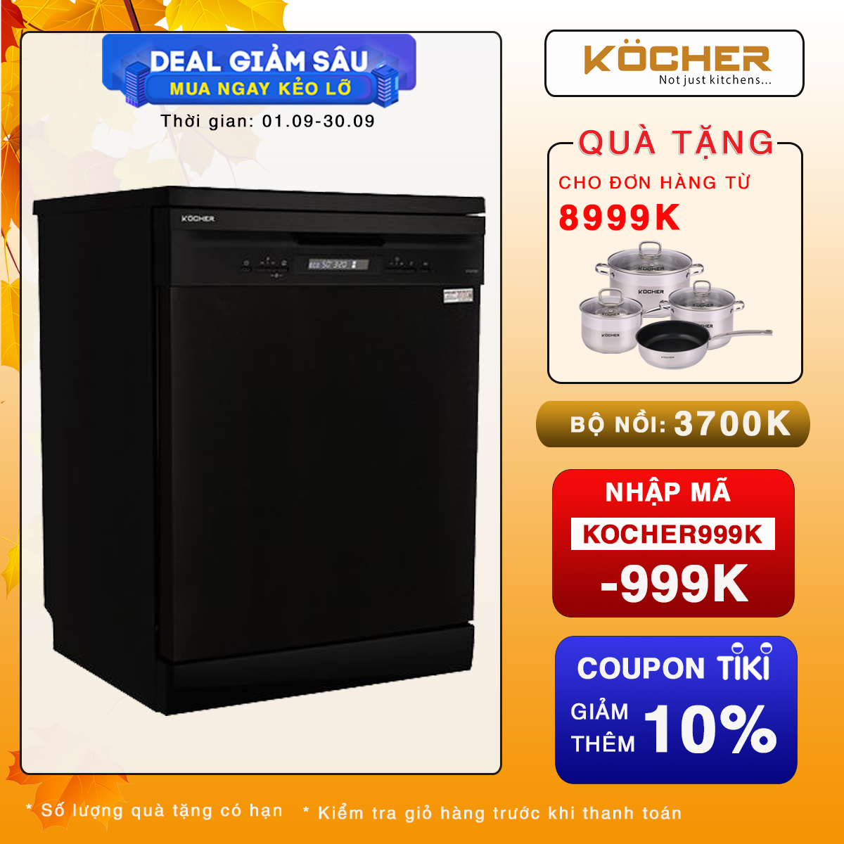 Máy rửa chén bát 15 bộ Kocher KDEU-8835 Black (Hàng Chính Hãng)