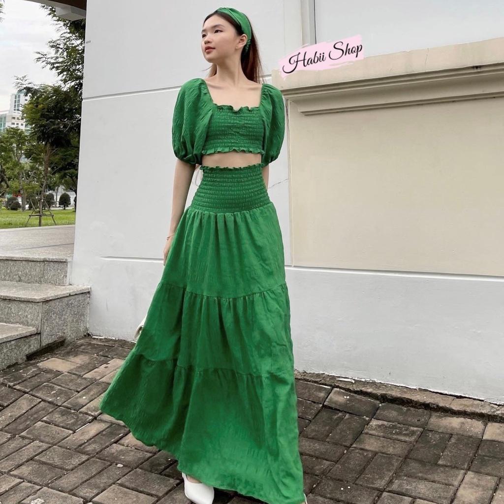 Set váy maxi đi biển dáng dài phối áo croptop tay bồng HABII SE11