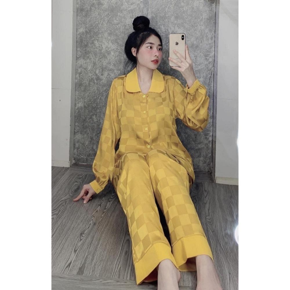 Pyjama nữ áo dài tay quần dài , đồ ngủ nữ bộ mặc nhà nữ mùa hè chất liệu luạ gấm ô vuông cao cấp