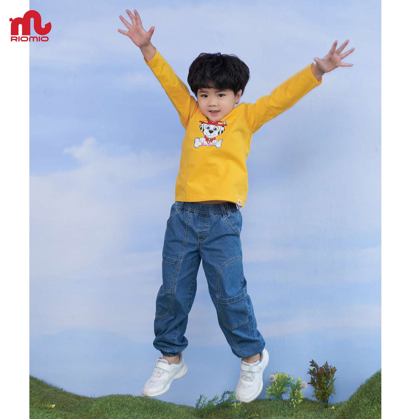 Quần jean cho bé trai 5-12 tuổi size 20-50kg RIOMIO ống rộng cạp chun bo gấu 100% cotton jean sợi coolmax - RM280